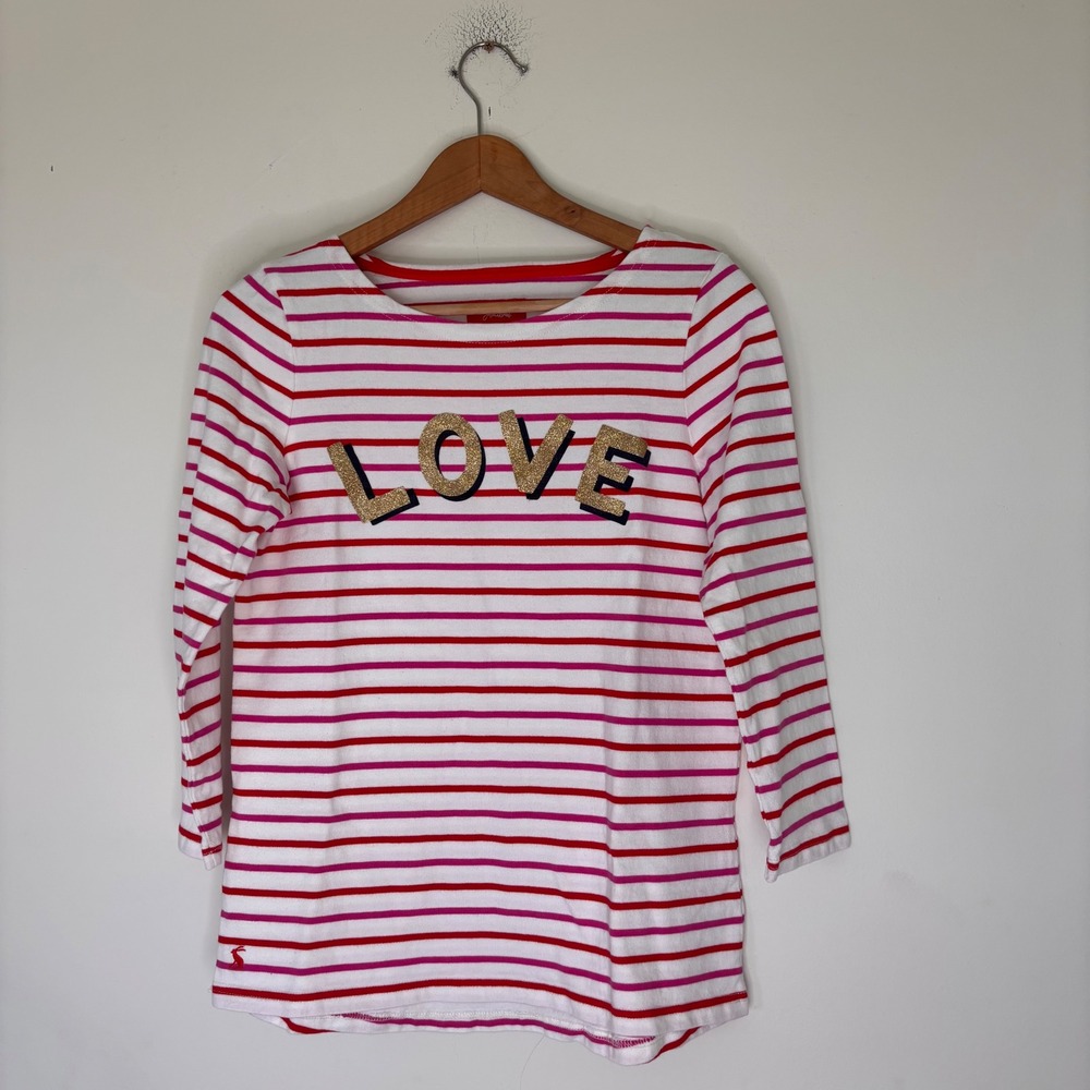 Joules Pink Red Striped Love Glitter‎ Graphic 3/4 Sleeve Top Cute Girly size 8